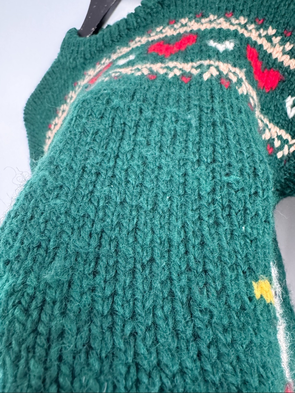 Vintage Hand Knit Duck Sweater Dark Green Chunky Heavyweight Fair Isle Hearts - Picture 11 of 15